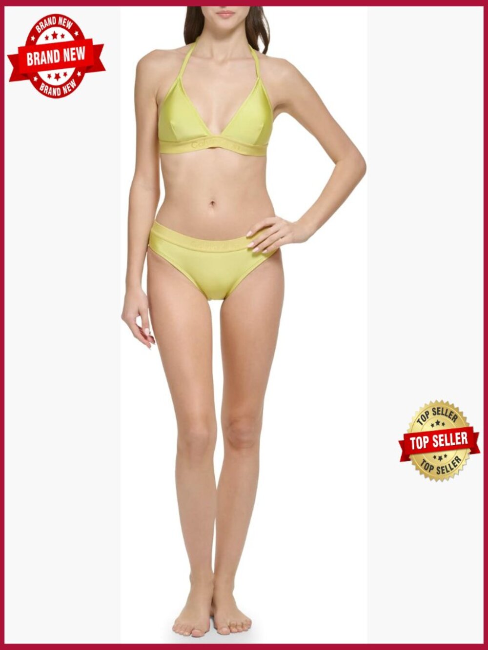 Low Waisted Elastic Logo Triangle Bikini Set - Halter Top & Hipster Bottoms